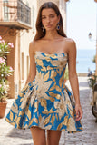 Abito blu Jacquard A-Line Arrugato senza spalline per il ballo a casa vestito corto