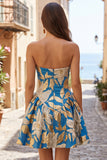 Abito blu Jacquard A-Line Arrugato senza spalline per il ballo a casa vestito corto
