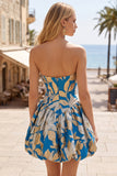Abito corto di ritorno a casa blu con orlo a bolle Jacquard a linea arricciata a trama spalline