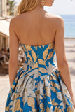 Abito corto di ritorno a casa blu con orlo a bolle Jacquard a linea arricciata a trama spalline