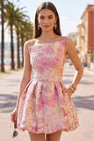 Jacquard rosa floreale asimmetrico con orlo a bolle abito corto da cocktail