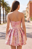 Jacquard rosa floreale asimmetrico con orlo a bolle abito corto da cocktail