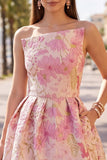 Jacquard rosa floreale asimmetrico con orlo a bolle abito corto da cocktail