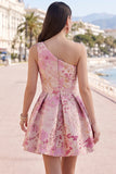 Vestito rosa a spalle floreale a una sola spalla pieghe a linea A abito corto per il ritorno alla casa