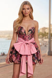 Fiore nero rosa Jacquard con orlo a bolle Abito di ritorno a linea A con fiocco