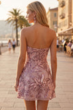 Blush Paillettes A-Line Floreale Strapless Vestito Corto per il cocktail