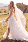 Abito da sposa bianco A-Line Scoop 3D Fiore Maxi Corsetto Elopement con fessura laterale
