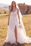 Abito da sposa bianco A-Line Scoop 3D Fiore Maxi Corsetto Elopement con fessura laterale