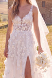Abito da sposa bianco A-Line Scoop 3D Fiore Maxi Corsetto Elopement con fessura laterale