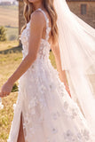Abito da sposa bianco A-Line Scoop 3D Fiore Maxi Corsetto Elopement con fessura laterale