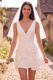 Abito da sposa corto da sposa 3D a V-Neck bianco