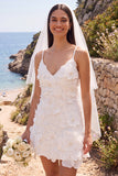 Abito da sposa mini elopement bianco a V-neck con fiore 3D