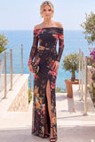Vestito formale a fessura floreale rosa rosso senza spalline con fessura