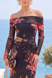 Vestito formale a fessura floreale rosa rosso senza spalline con fessura