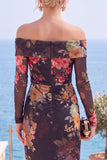 Vestito formale a fessura floreale rosa rosso senza spalline con fessura