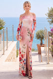 Vestito formale a fessura floreale rosa rosso senza spalline con fessura