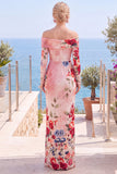 Vestito formale a fessura floreale rosa rosso senza spalline con fessura