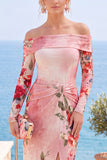Vestito formale a fessura floreale rosa rosso senza spalline con fessura