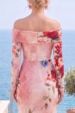 Vestito formale a fessura floreale rosa rosso senza spalline con fessura