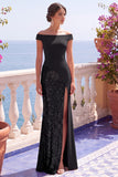 Champagne Paillettes maniche a cappello sirena abito lungo elegante con fessura