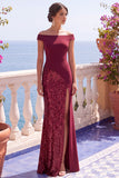 Champagne Paillettes maniche a cappello sirena abito lungo elegante con fessura