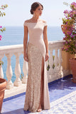 Champagne Paillettes maniche a cappello sirena abito lungo elegante con fessura