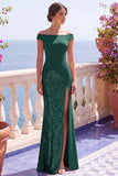 Champagne Paillettes maniche a cappello sirena abito lungo elegante con fessura