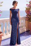 Champagne Paillettes maniche a cappello sirena abito lungo elegante con fessura