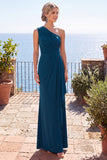 Vestito formale lungo a una spalla blu pavone arricciata