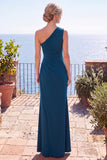 Vestito formale lungo a una spalla blu pavone arricciata