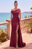 Abito elegante lungo da sirena asimmetrica e arricciata blu navy con nastro laterale