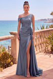 Abito elegante lungo da sirena asimmetrica e arricciata blu navy con nastro laterale