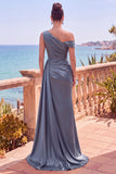 Abito elegante lungo da sirena asimmetrica e arricciata blu navy con nastro laterale