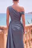 Abito elegante lungo da sirena asimmetrica e arricciata blu navy con nastro laterale