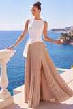 Abito elegante lungo a pieghe a linea a A con scollo battile bianco e champagne