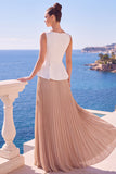 Abito elegante lungo a pieghe a linea a A con scollo battile bianco e champagne