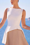Abito elegante lungo a pieghe a linea a A con scollo battile bianco e champagne