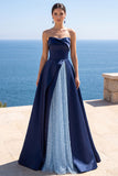 Corsetto senza spalline blu navy perla Abito Elegante Lungo A