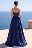 Corsetto senza spalline blu navy perla Abito Elegante Lungo A