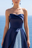Corsetto senza spalline blu navy perla Abito Elegante Lungo A