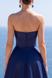 Corsetto senza spalline blu navy perla Abito Elegante Lungo A
