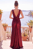Abito formale lungo a spalme metallico sirena color Bordeaux con fessura