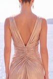 Abito formale lungo a spalme metallico sirena color Bordeaux con fessura