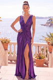 Abito formale lungo a spalme metallico sirena color Bordeaux con fessura