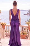 Abito formale lungo a spalme metallico sirena color Bordeaux con fessura