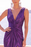 Abito formale lungo a spalme metallico sirena color Bordeaux con fessura