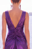 Abito formale lungo a spalme metallico sirena color Bordeaux con fessura