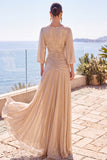 Vestito formale lungo a maniche a mano a A arricciata a champagne