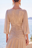 Vestito formale lungo a maniche a mano a A arricciata a champagne