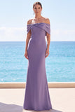 Abito elegante lungo a sirena grigio viola spalla scoperta